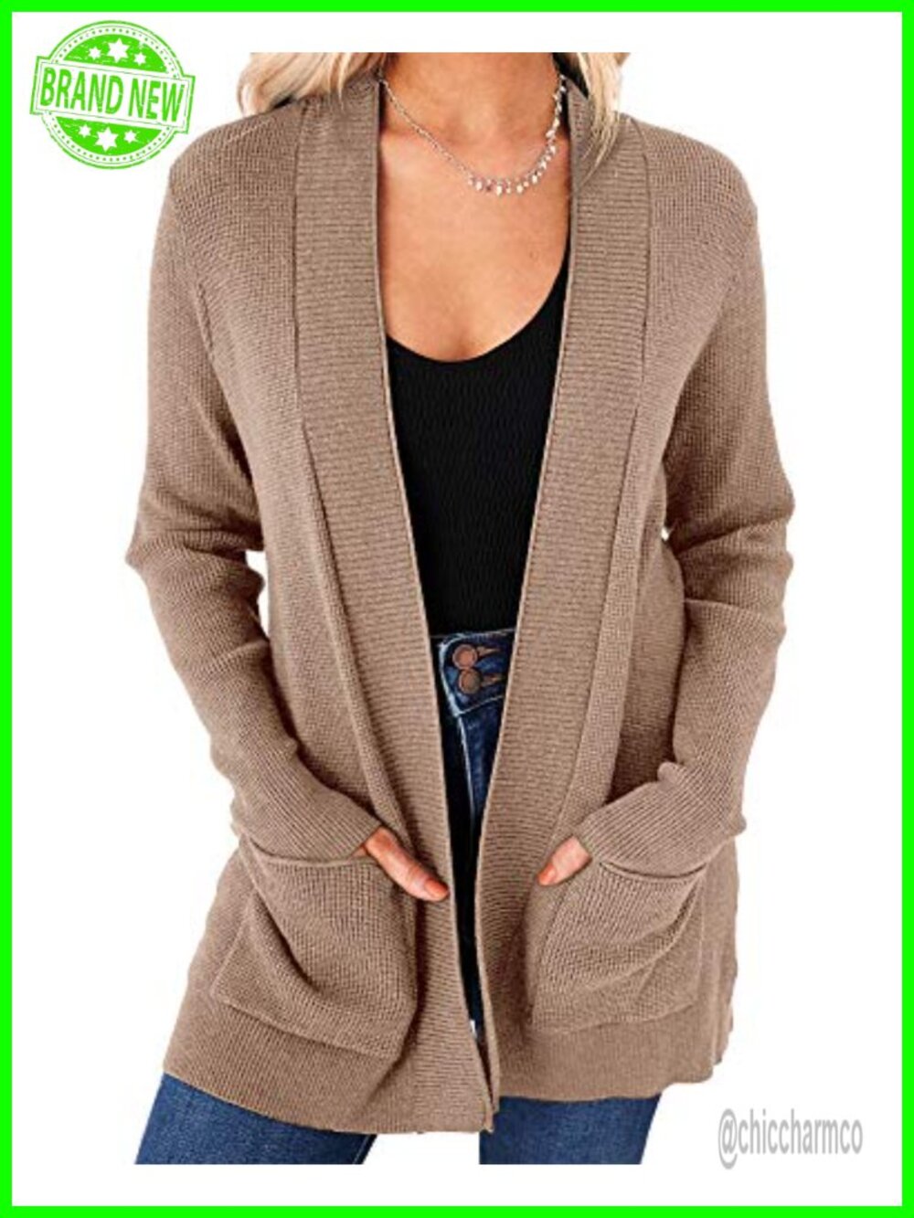 Womens Open Front Cardigan Long Sleeve Knit Sweater with Pockets